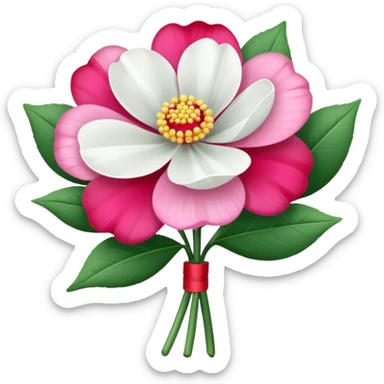 One pink flower and one white flower in transparent bouquet with red band  sticker