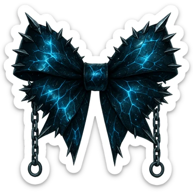 Add metallic spikes and chains to the gothic bow with splintered deep blue glass, holographic stardust, neon lightning, and a wet look. Keep the background transparent. The style should reflect a gothic aesthetic with a transparent background. sticker