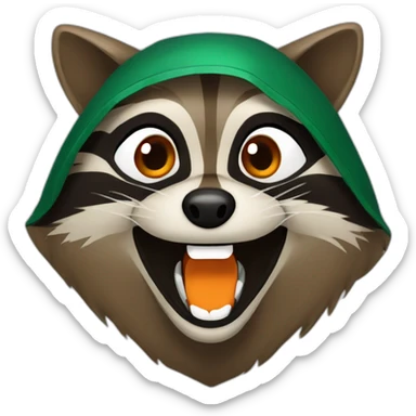 brown raccoon with orange eyes and a dark green hood that is laughing sticker
