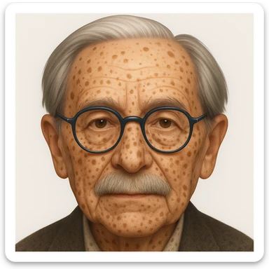 Add more age spots and freckles, and make the face more closely resemble Hans Jonas, German philosopher, while keeping the emoji style. sticker