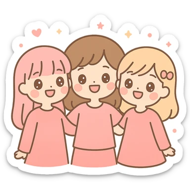 three girl best friends, cute cartoon style, top half of their bodies visible, all wearing pink, smiling, cheerful expressions sticker