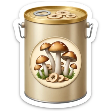 open metal can with light beige mushroom slices in brine, no label or extras, soft lighting, subtle shadows, emoji scale sticker