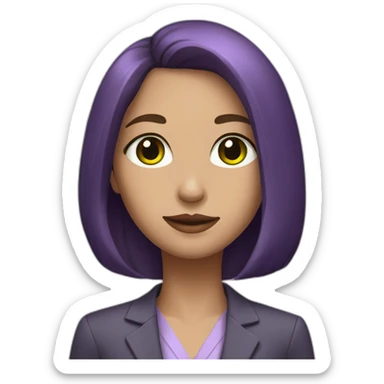 girl with brown-haired bob, green eyes, purple skin, suit sticker