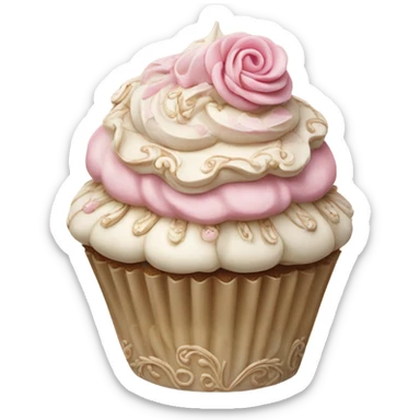 Realistic, detailed rococo cupcake, beige and pink sticker