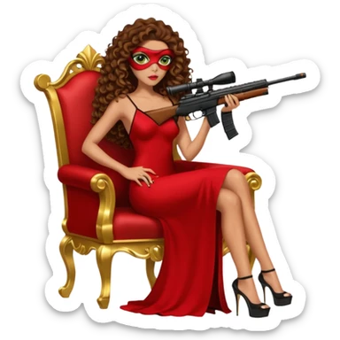Drug dealer female green eyes symbol.  hair is brown curly long hair. sexy long with long red and black dress and face cover on that covers her mouth only. black stiletto platform high heels shoes on. Holding sniper rifle sitting on a gold throne. sticker