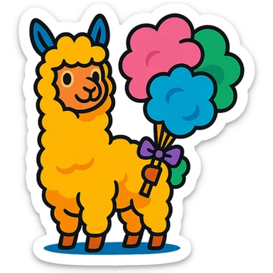 alpaca holding cotton candy bouquet in vibrant-toon style sticker