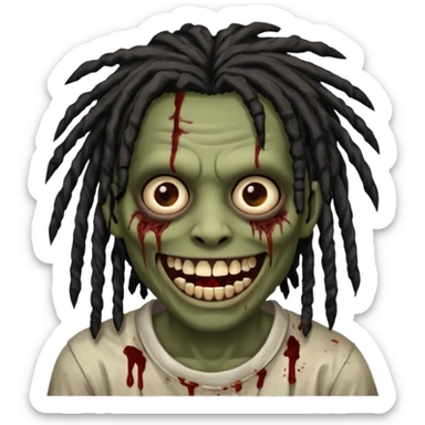 zombie with brown skin, messy black dreads hair, wide centered brown eyes, dark bloody marks under the eyes, and a smile showing crooked teeth grillz, giving a distressed, undead look. sticker