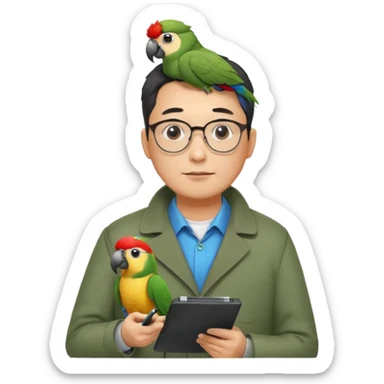 Middle-aged asian male vet – glasses, coat, writing notes on clipboard with parot on head sticker