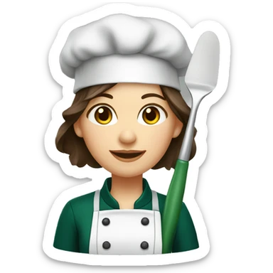 Female chef with long brown hair and hazel eyes wearing a dark green chef’s coat and holding a spatula sticker