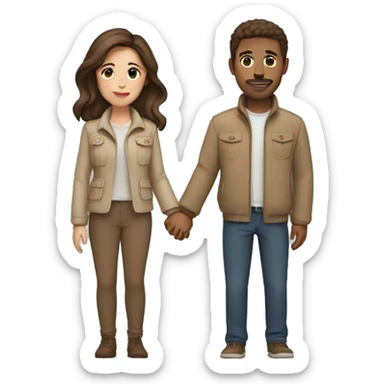 Couple with brown hair and beige jackets and brown pants holding hands sticker