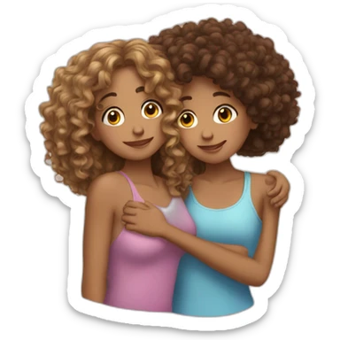 two friends girls with curly hair hugging sticker