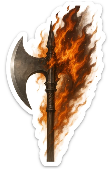 a dramatic illustration of a halbert with flames, spiked back, and axe blade in front, fantasy art, no background sticker