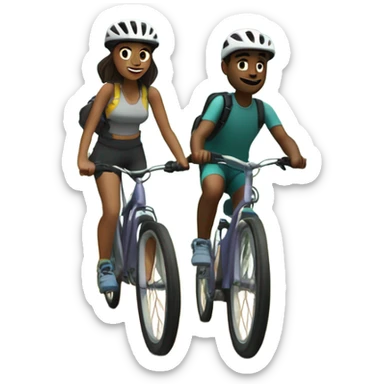 Caitlin mountain biking while Johnny runs along a trail sticker