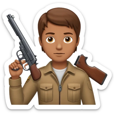 White guy with brown hair holding a gun like a cop would sticker