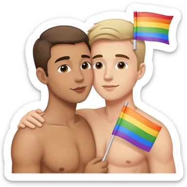 gay man kissing each other while holding pride flag sticker