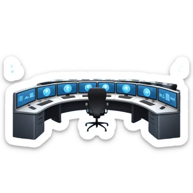 Cinematic mission control center, massive curved video walls with complex telemetry and glowing data visualizations, symmetrical high-tech workstations, dim blue and amber ambient lighting, sharp focus, hyper-realistic, atmosphere of absolute precision. sticker