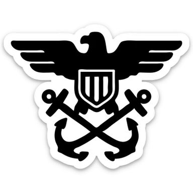 U.S. Navy E-2 insignia, classic military patch, gold eagle, two chevrons, blue field, embroidered look sticker
