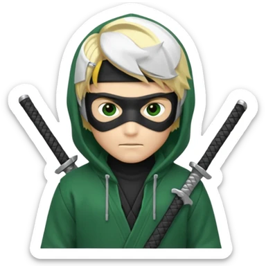 Green ninja Lloyd garmadon blonde hair, kaptur hoody on his head but blonde grzywka visible; the bottom left one is best (the one without miecze + black band + no mask of face) but add miecz; I want no band on head ; I don’t want any band on forehead sticker