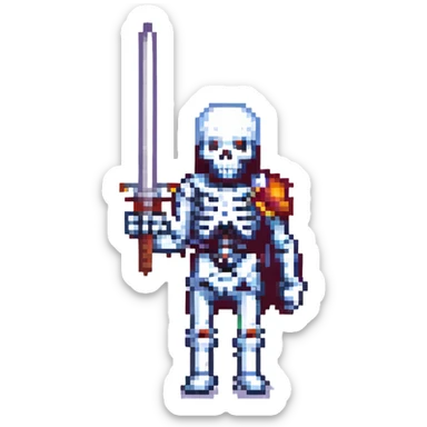 pixel art skeleton with a sword, retro game look sticker