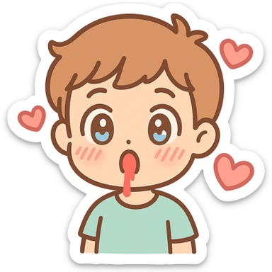 anime-style emoji of a surprised boy, wide eyes, nosebleed, blushing, hearts circling the head sticker
