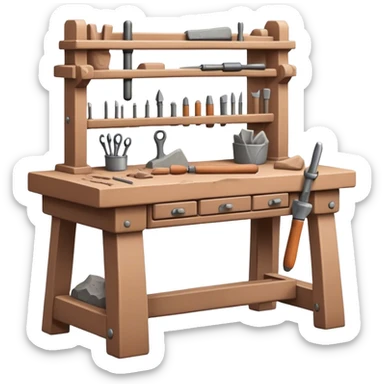 Cinematic Realistic image of a workbench set with a lump of pliable clay and artisanal sculpting tools, rendered with finely detailed textures that reveal subtle clay particles and well-worn tool surfaces, bathed in warm, focused studio lighting sticker