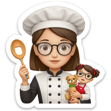 girl kid italian chef, uniform, wearing glasses, holding toy sticker