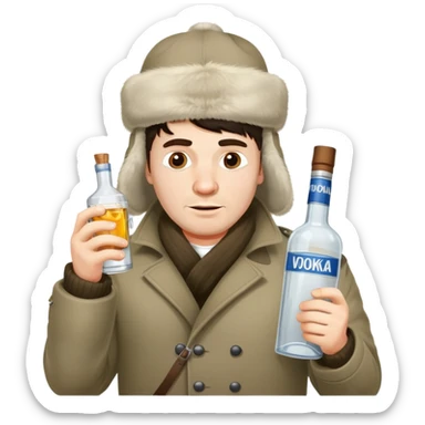 drunk Russian man with vodka bottle and ushanka hat sticker