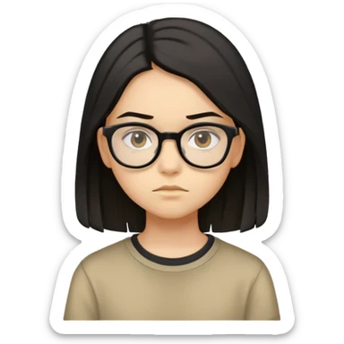 "- Nữ
- 15 tuổi
- Da vàng
- Tóc đen, ngang vai
- Mặt nghiêm túc, đeo kính, áo nâu
" sticker