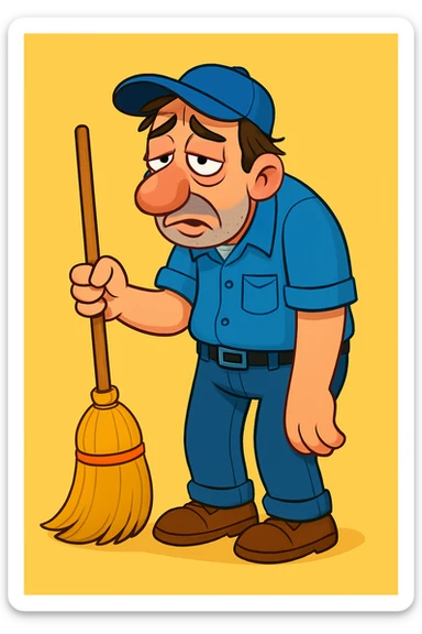 Make the lazy janitor more cartoonish with exaggerated features in a playful style. Keep the slouched posture, holding a broom, with a tired look and casual uniform. Use a simple background. sticker