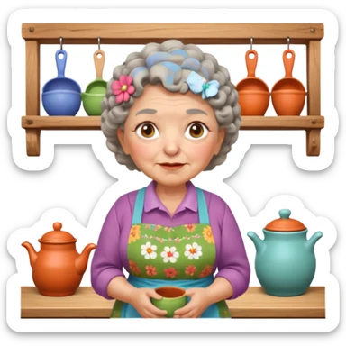 cartoon Apple iOS emoji style rural elderly woman, chubby face, short gray curly hair, flowery blouse, colorful apron, big expressive eyes, pastel colors, Chilean wooden kitchen background, clay pots, warm light, detailed and clean vector art sticker