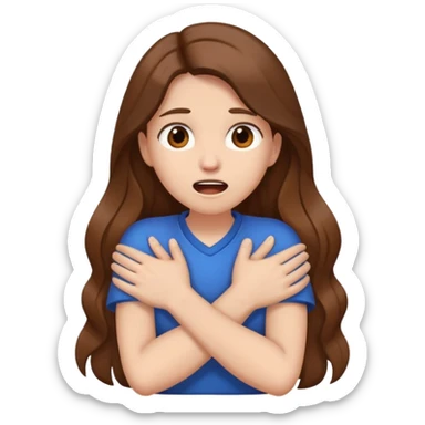 Girl with long hair crossed arms around the chest holding her neck with mouth open sticker