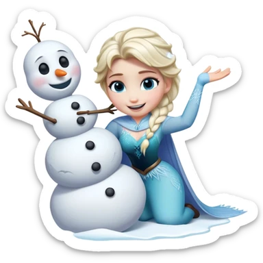 Cinematic Funny Elsa Portrait Emoji, Making a tiny snowman in her hands with a proud grin, looking smug as it dances, an unexpectedly hilarious moment of icy creativity! sticker