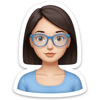 mujer de 30 años, cabello marron oscuro, anteojos cuadrados BLANCOS, top celeste escote cuadrado, piel blanca, cara redonda sticker