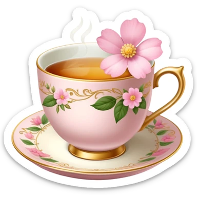 Vintage cup of tea with baby pink flower and touch of gold sticker