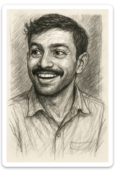 Add a shaped, slight stubble beard to the smiling, curious Indian young man with a moustache, keeping the hand-drawn pencil sketch style. sticker