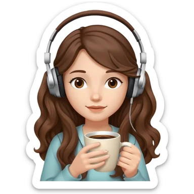 A girl with brown wavy long hair, wearing headphones on her head and holding coffee in her hand SHe has delicate facial features sticker