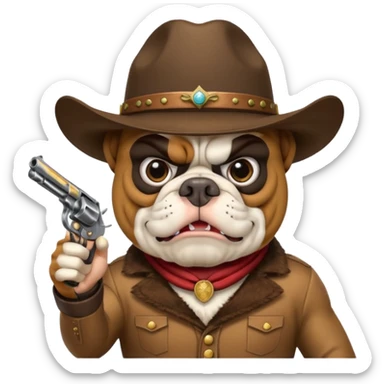 A bulldog wearing a cowboy hat, wearing a mask, pointing a revolver at you and telling you to hand over your money. sticker