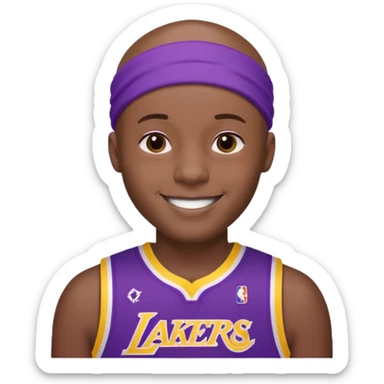 ["Black male, shaved head, wearing a purple Lakers jersey with headband."] sticker
