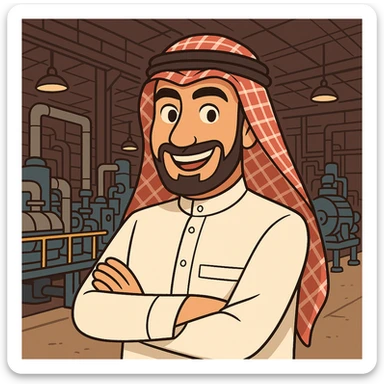 Make the Arabian factory owner more cartoonish while keeping traditional attire. Show a confident and friendly expression. Include an industrial background. Style suitable for branding, in a western adult animation cartoon style. sticker