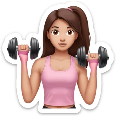 a north-east indian girl with long brown hair wearing a soft pink gym top lifting dumbbells  sticker
