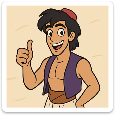 Aladdin giving a thumbs up, cartoon style, cheerful, simple background sticker