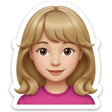 A girl with wavy, dark blonde hair, straight bangs, and straight eyes. She is smiling. sticker