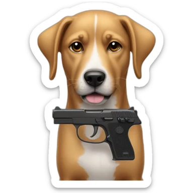 Dog have a black plastic gun sticker