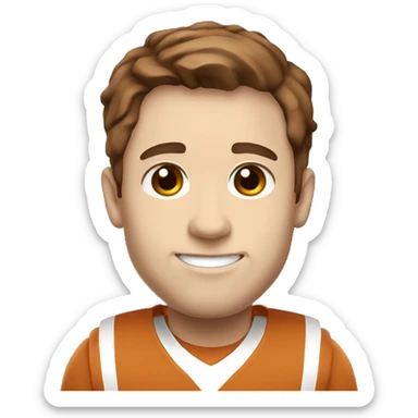 Brown hair, pale skin, man. Wearing University of Texas Longhorn clothes sticker