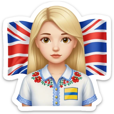 Ukrainian girl in an embroidered shirt against the background of the British flag sticker