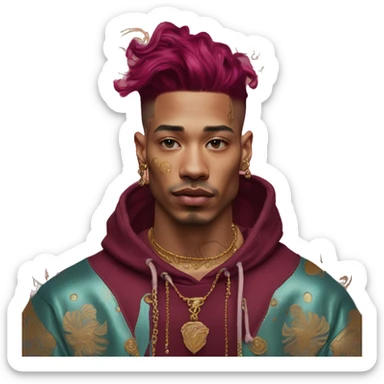 Vintage patina intricate swirls gold jewellery baroque golden raven tropical Deep pink maroon burgundy cyan dark hoodie man vitiligo dyed hair gold piercings nose piercing ear piercings sticker