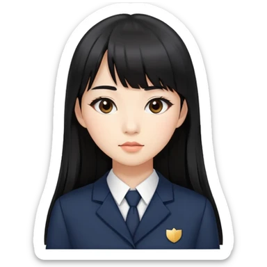 Asian woman in a chic school uniform, long black hair with straight bangs, and visible makeup sticker