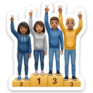 three multi-racial people in jeans and hoodies on a winners podium, center step higher, no numbers, center person holding up one finger on each hand, left person holding up two fingers on each hand, right person holding up three fingers on each hand, cheerful expressive emoji style sticker