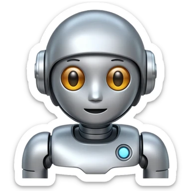 A cute futuristic robot emoji made of silver chrome, rounded friendly body, minimal facial features, glossy metallic surface, soft reflections, iOS emoji style, centered, clean white background sticker