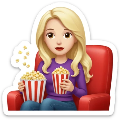 Stylish white woman with long watching tv with popcorn sticker